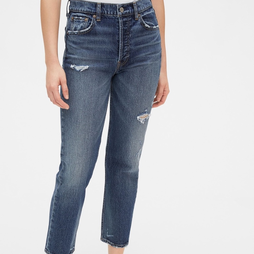 Gap High-Rise Destructed Cheeky Straight Jeans in Dark Indigo Distressed